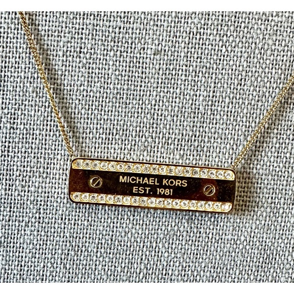 Michael Kors Gold Tone Crystal Signature Plaque Necklace - Picture 3 of 5